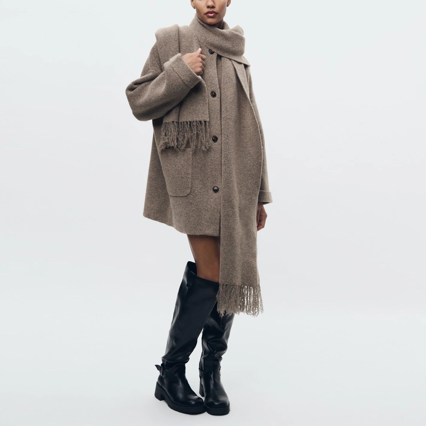 Knitted Cardigan with Scarf - Long Sleeve Jacket