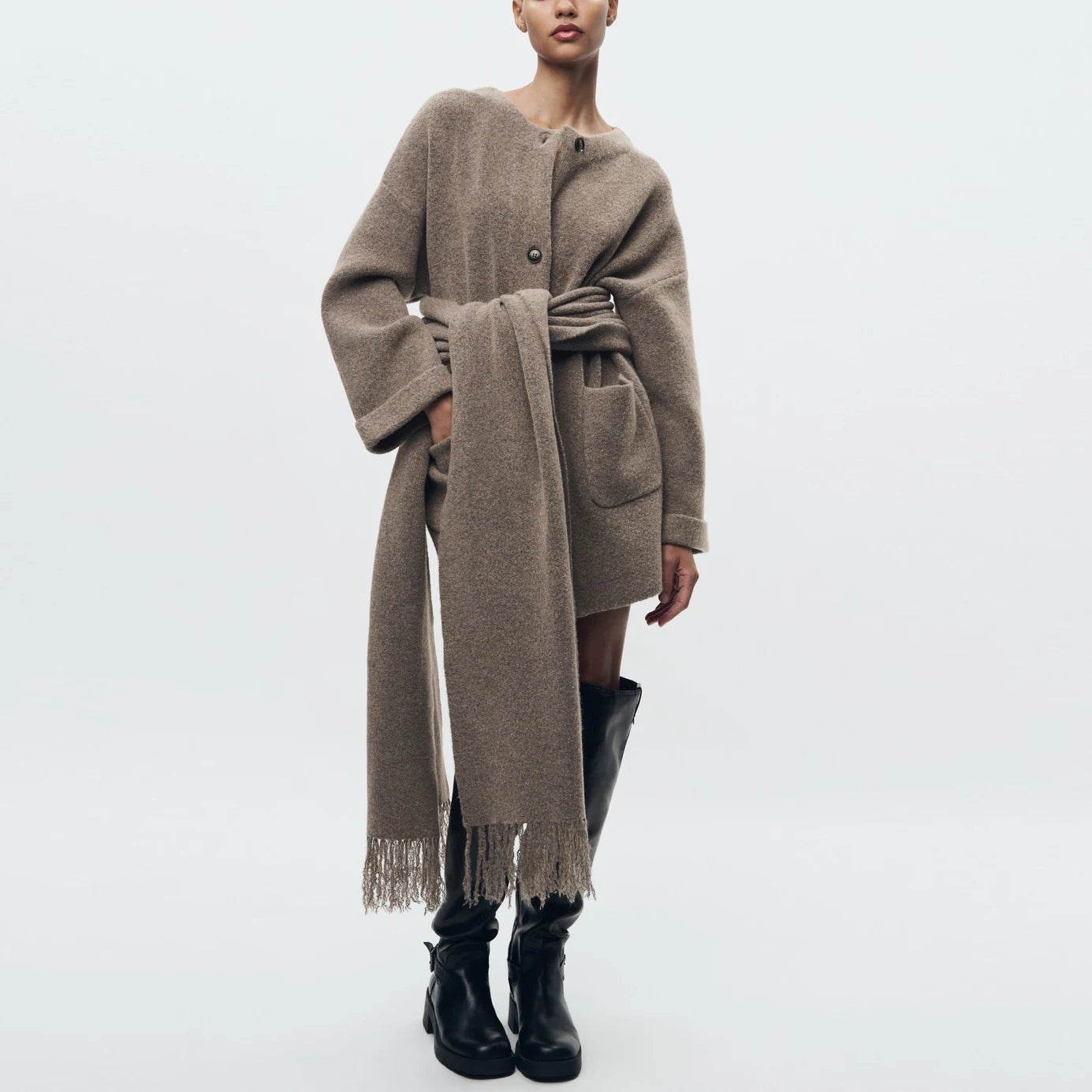 Knitted Cardigan with Scarf - Long Sleeve Jacket