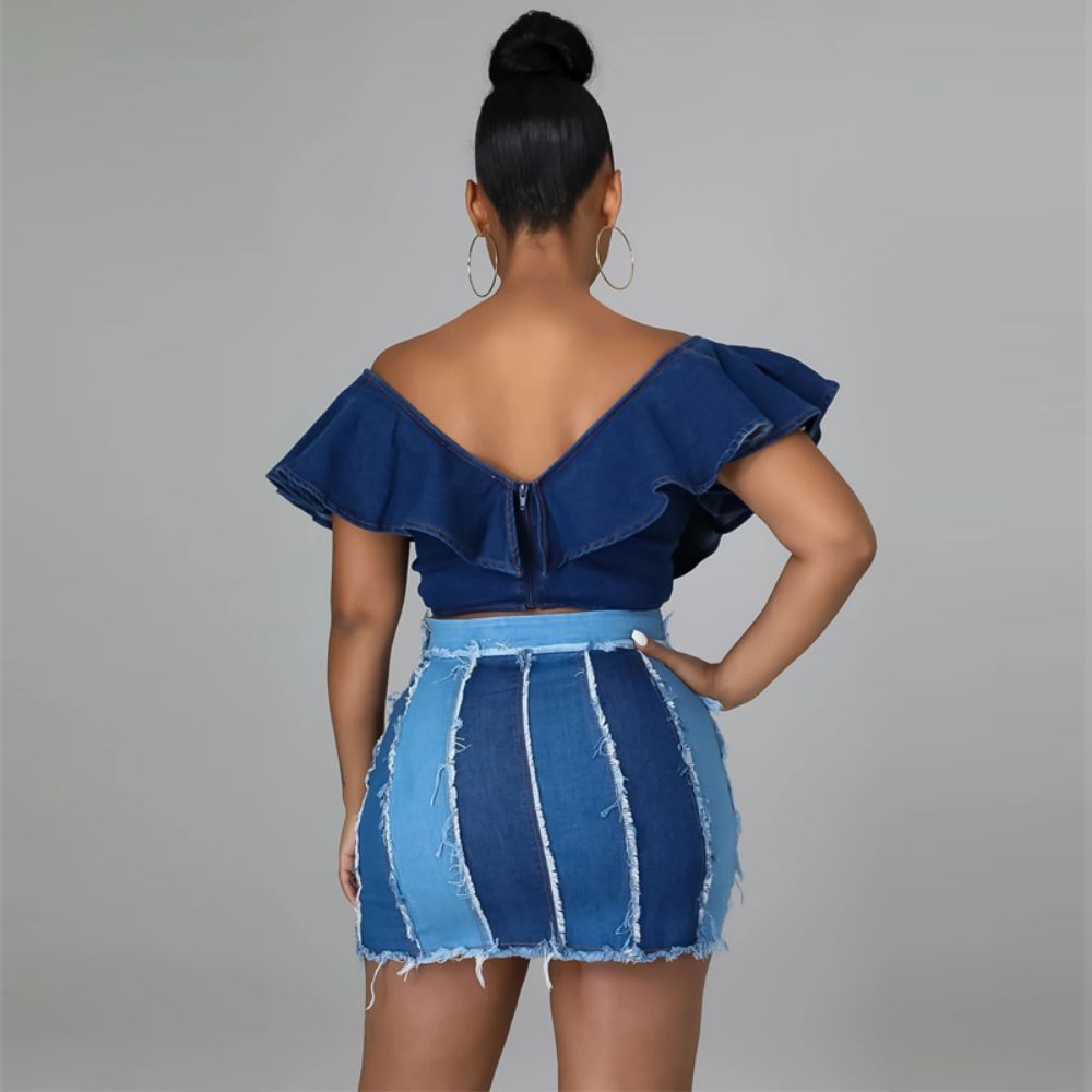 Women's Jeans European and American High-waisted Design Patchwork Washed Pleated Belt Denim Skirt Skirt