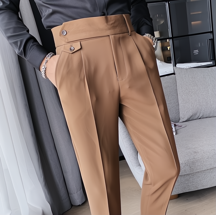 TH Cross-border Men's Slim Fit Small Feet High Waist Business Solid Color Casual Naples Pants