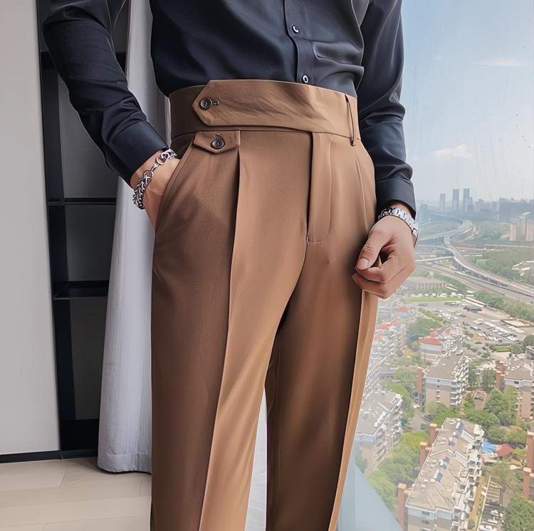 TH Cross-border Men's Slim Fit Small Feet High Waist Business Solid Color Casual Naples Pants