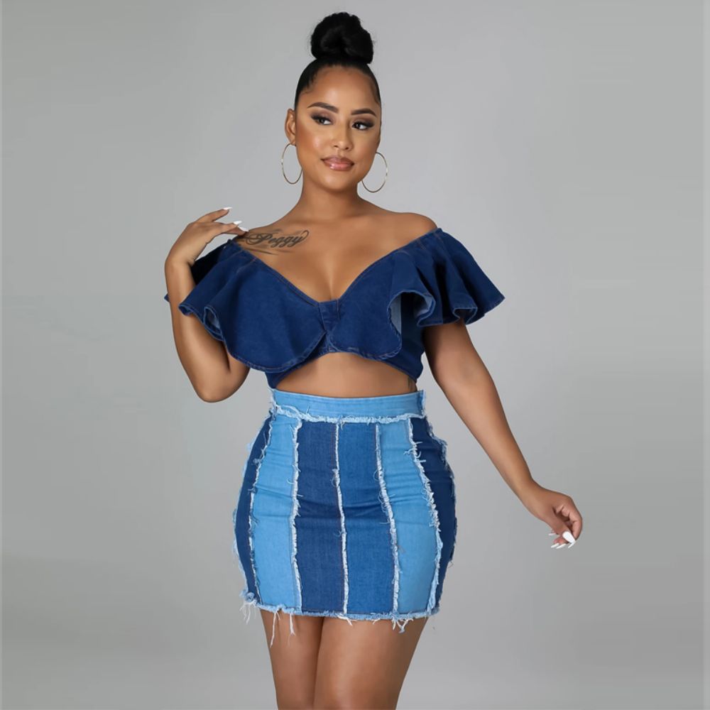 Women's Jeans European and American High-waisted Design Patchwork Washed Pleated Belt Denim Skirt Skirt