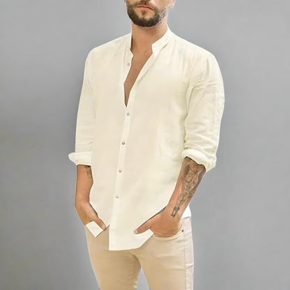 Summer Style: Cotton Linen Men's Long-Sleeved Stand-Up Collar Shirt