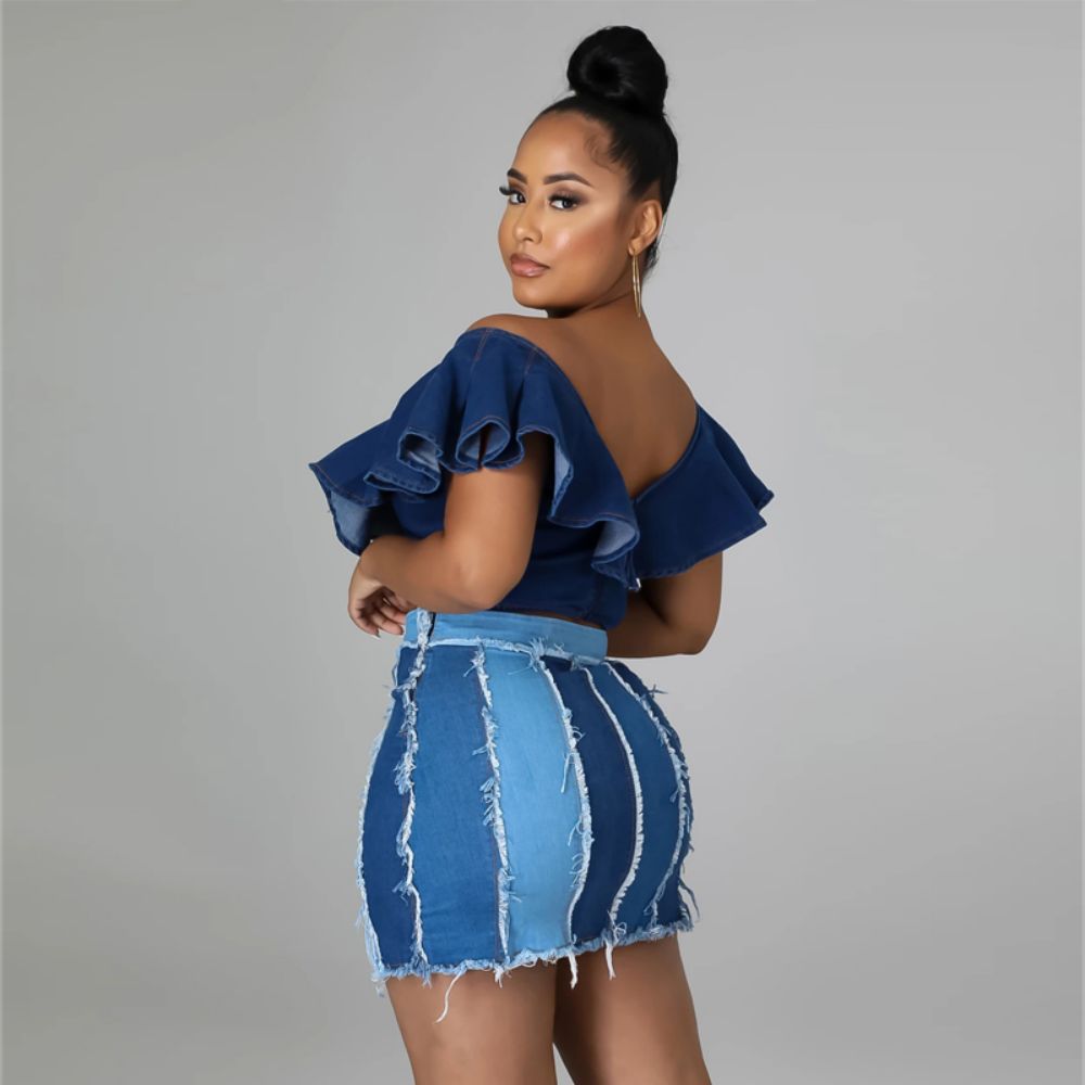 Women's Jeans European and American High-waisted Design Patchwork Washed Pleated Belt Denim Skirt Skirt