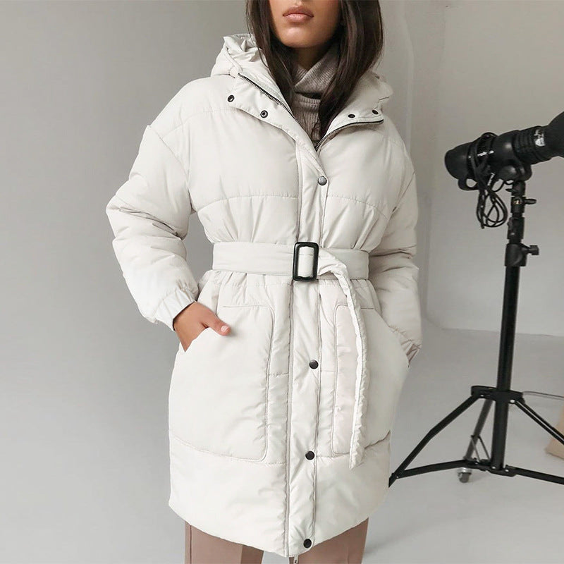 Long belt down padded jacket