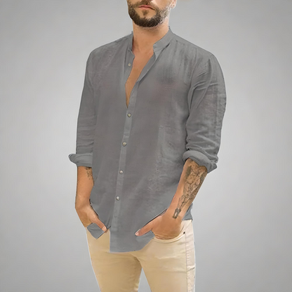 Summer Style: Cotton Linen Men's Long-Sleeved Stand-Up Collar Shirt