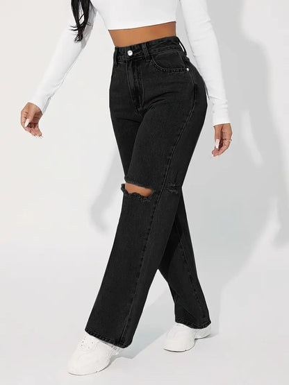 Schwarze Jeans für Damen: High Rise, zerrissene Boyfriendjeans mit geradem Bein und lockerer Passform 