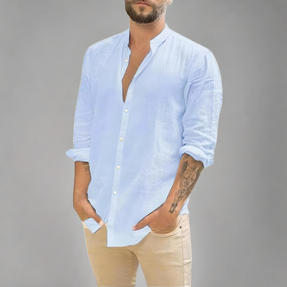 Summer Style: Cotton Linen Men's Long-Sleeved Stand-Up Collar Shirt