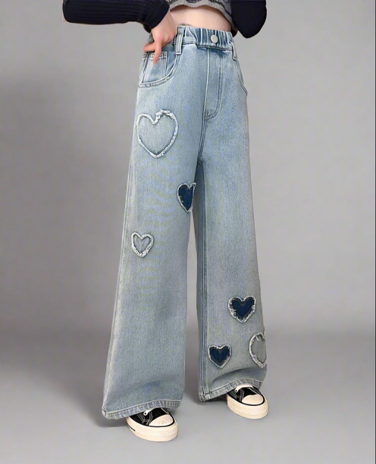 Heart Patch Girls' Wide Leg Jeans - Trendy & Comfortable