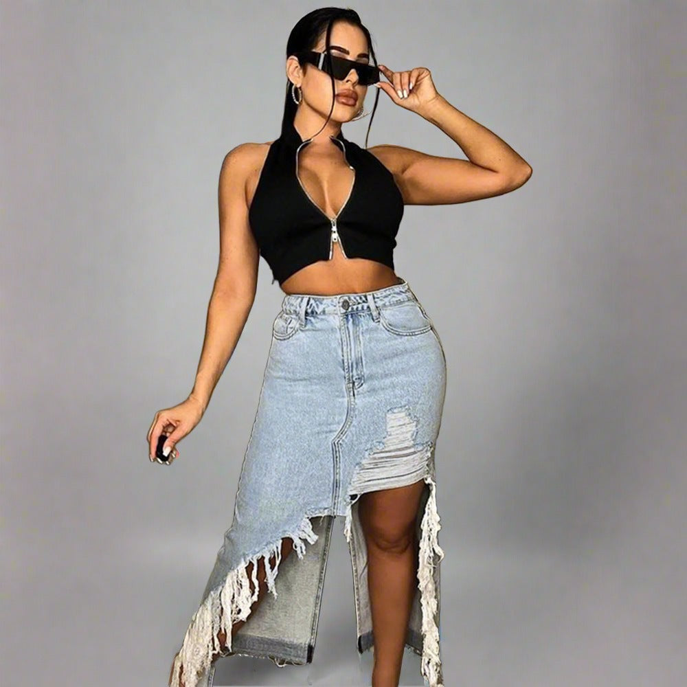 Women's Denim Skirt Street Trend European and American Fashion New Fashion Personalized Denim Shorts Slit Tassel Skirt