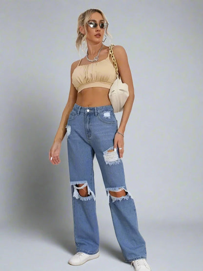 High Waist Loose Fit Ripped Jeans - Trendy Baggy Women's Denim