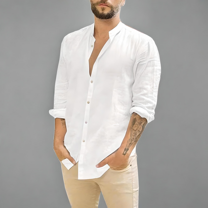 Summer Style: Cotton Linen Men's Long-Sleeved Stand-Up Collar Shirt