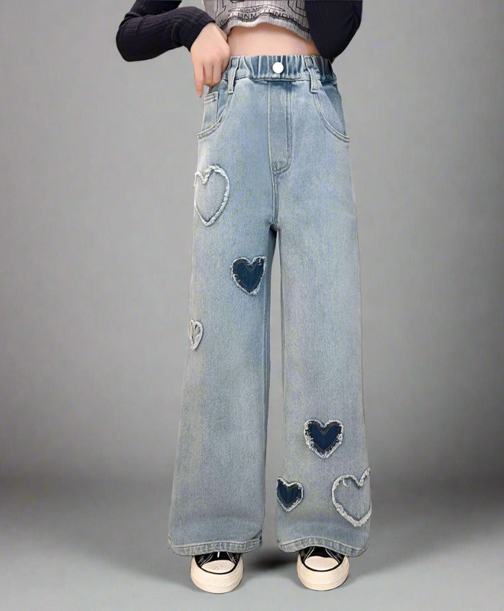 Heart Patch Girls' Wide Leg Jeans - Trendy & Comfortable