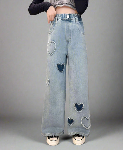 Heart Patch Girls' Wide Leg Jeans - Trendy & Comfortable