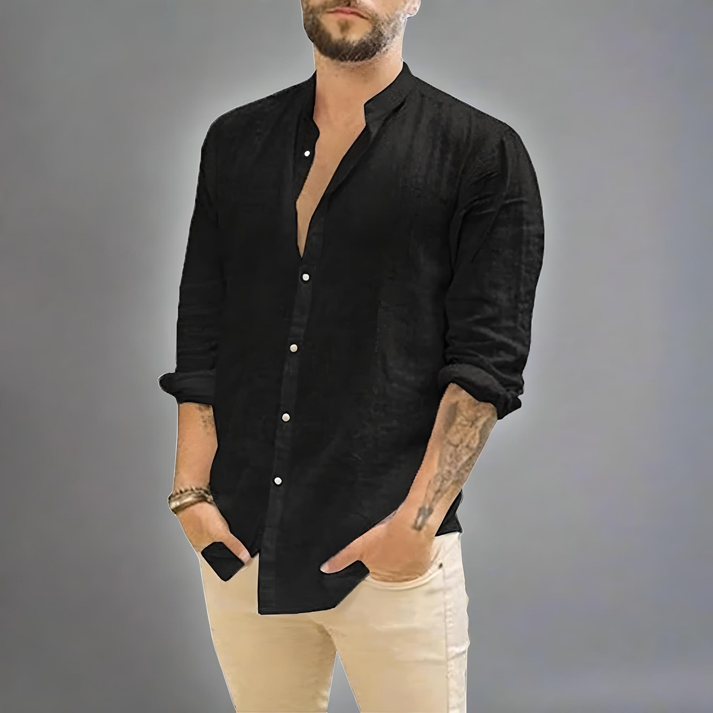 Summer Style: Cotton Linen Men's Long-Sleeved Stand-Up Collar Shirt