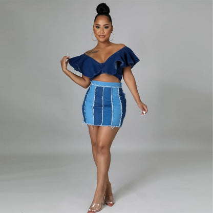 Women's Jeans European and American High-waisted Design Patchwork Washed Pleated Belt Denim Skirt Skirt