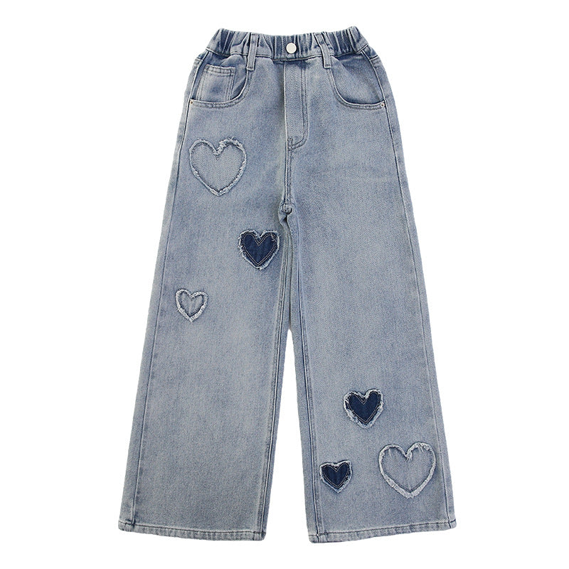 Heart Patch Girls' Wide Leg Jeans - Trendy & Comfortable