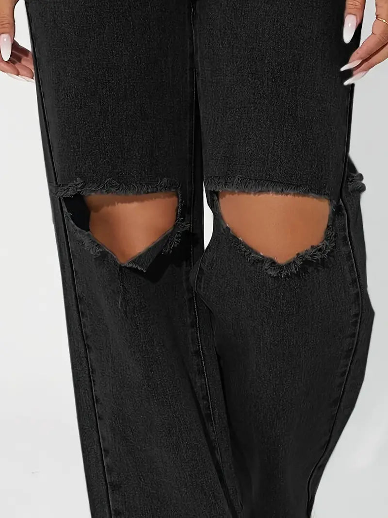 Schwarze Jeans für Damen: High Rise, zerrissene Boyfriendjeans mit geradem Bein und lockerer Passform 