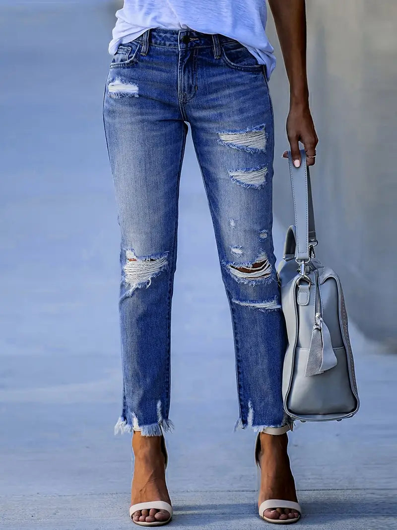 High-Waisted Slim-Fit Ripped Skinny Jeans