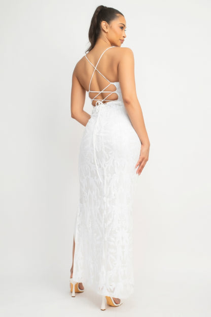 Radiant Sequin Back-Crisscross Tie Slit Dress