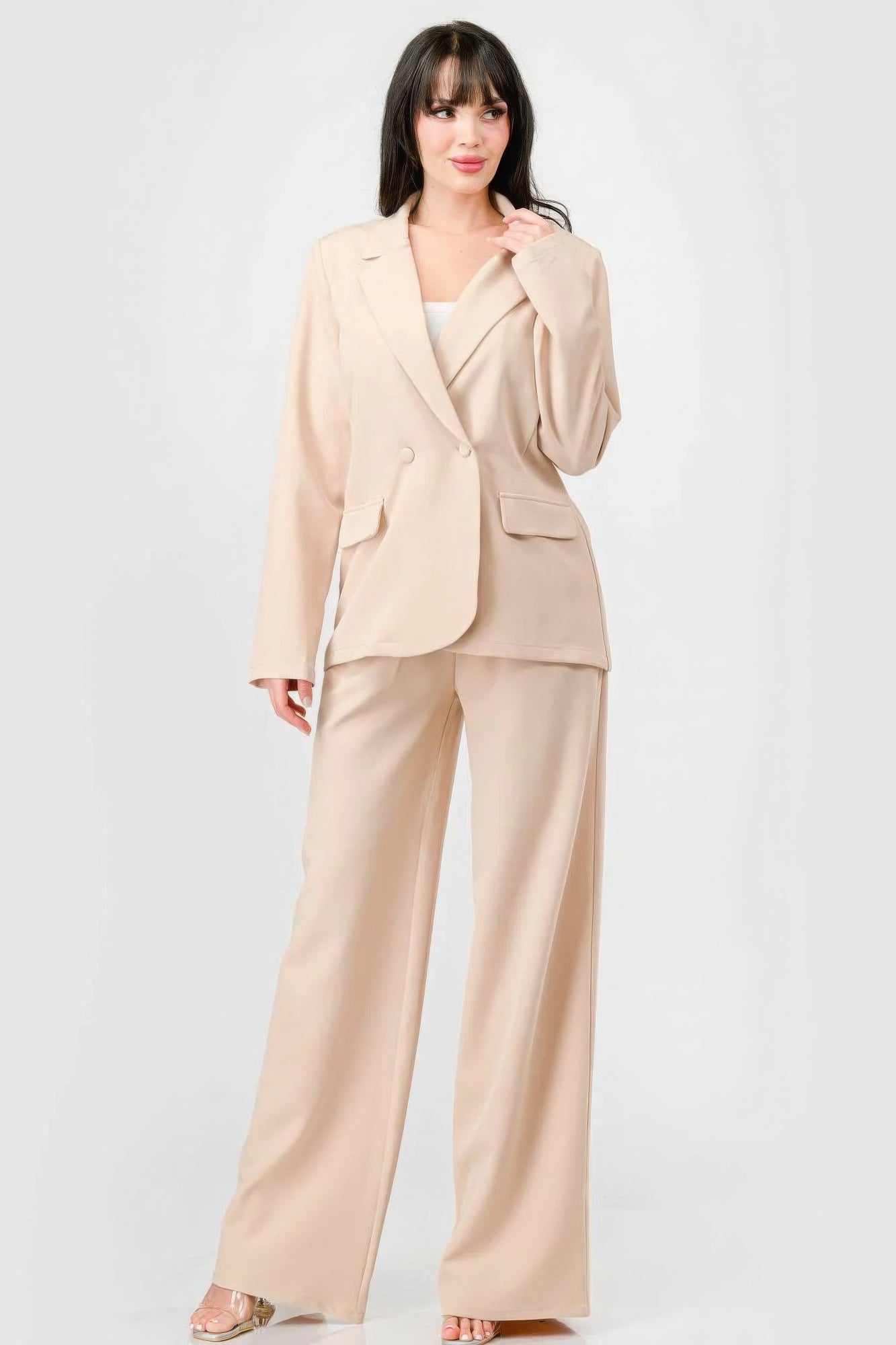 Set semi formale con blazer ampio in tessuto elasticizzato di lusso e pantaloni a gamba larga