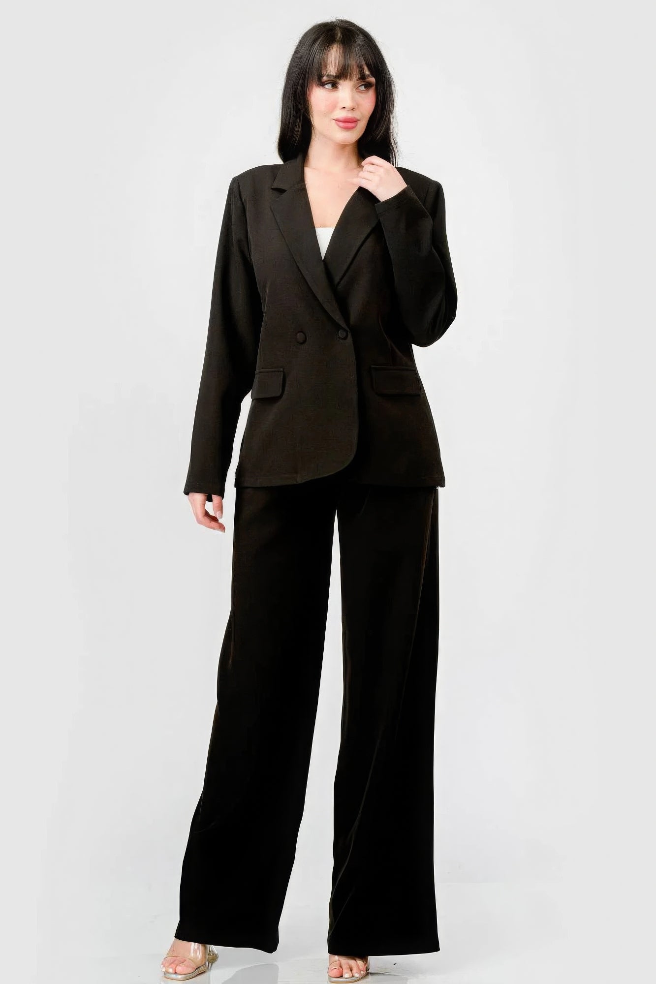 Halbformelles Set aus luxuriösem, gewebtem Stretch-Blazer mit lockerer Passform und Hose mit weitem Bein