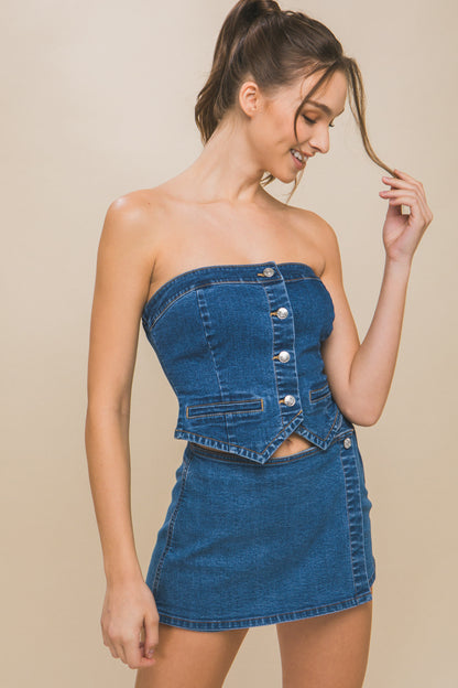 Denim Strapless Button-up Crop Top