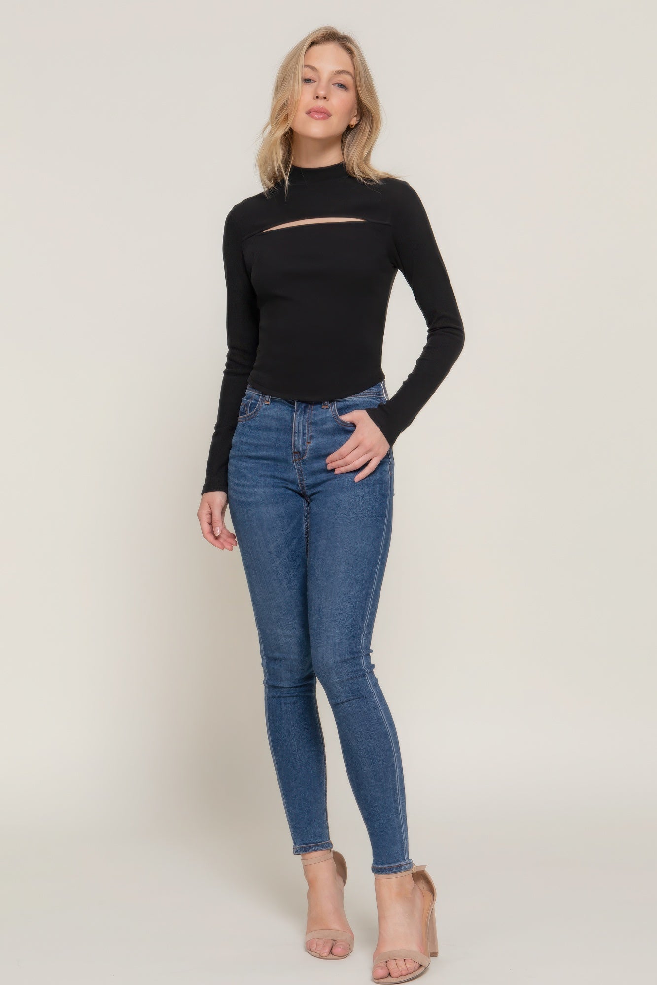 Long Sleeve Mock Neck Cut-Out Rib Knit Top