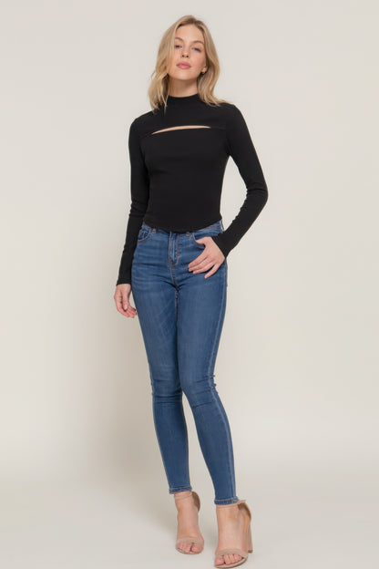 Long Sleeve Mock Neck Cut-Out Rib Knit Top