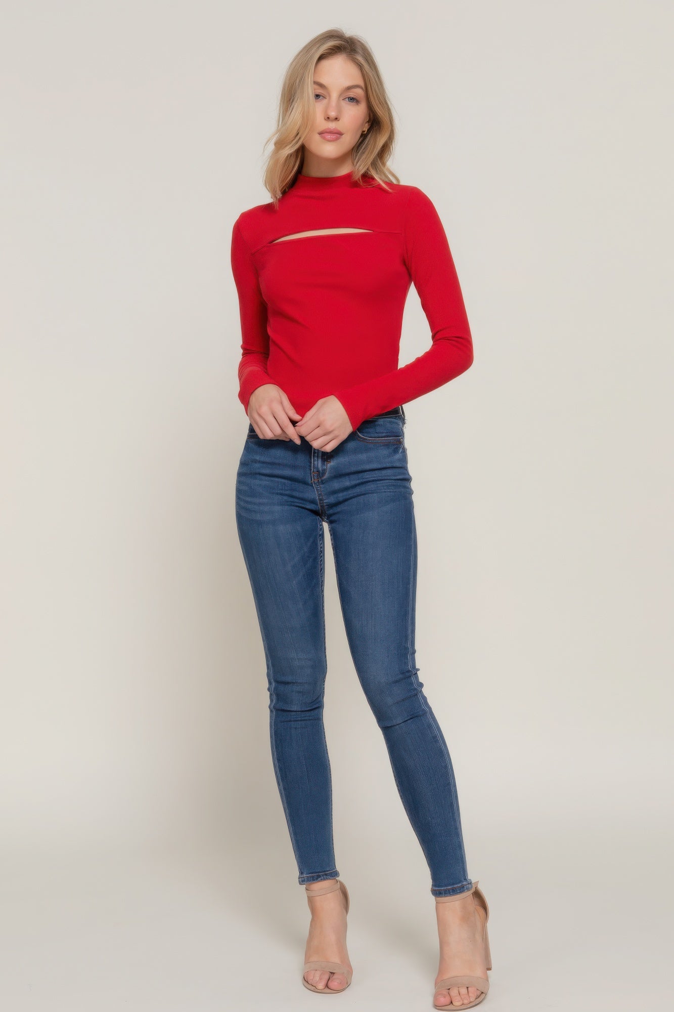 Long Sleeve Mock Neck Cut-Out Rib Knit Top