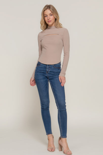 Long Sleeve Mock Neck Cut-Out Rib Knit Top