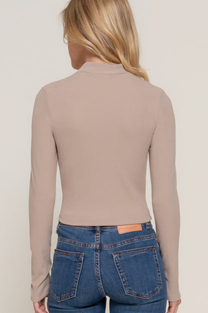 Long Sleeve Mock Neck Cut-Out Rib Knit Top