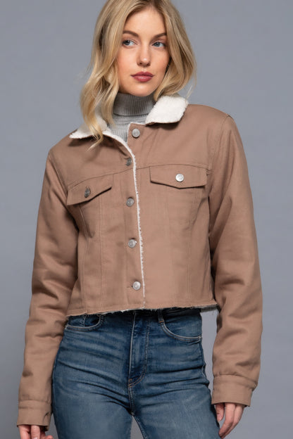 Cozy Button-Up Sherpa Twill Jacket