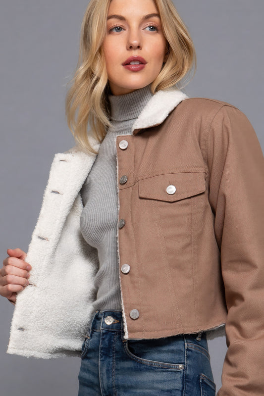 Cozy Button-Up Sherpa Twill Jacket