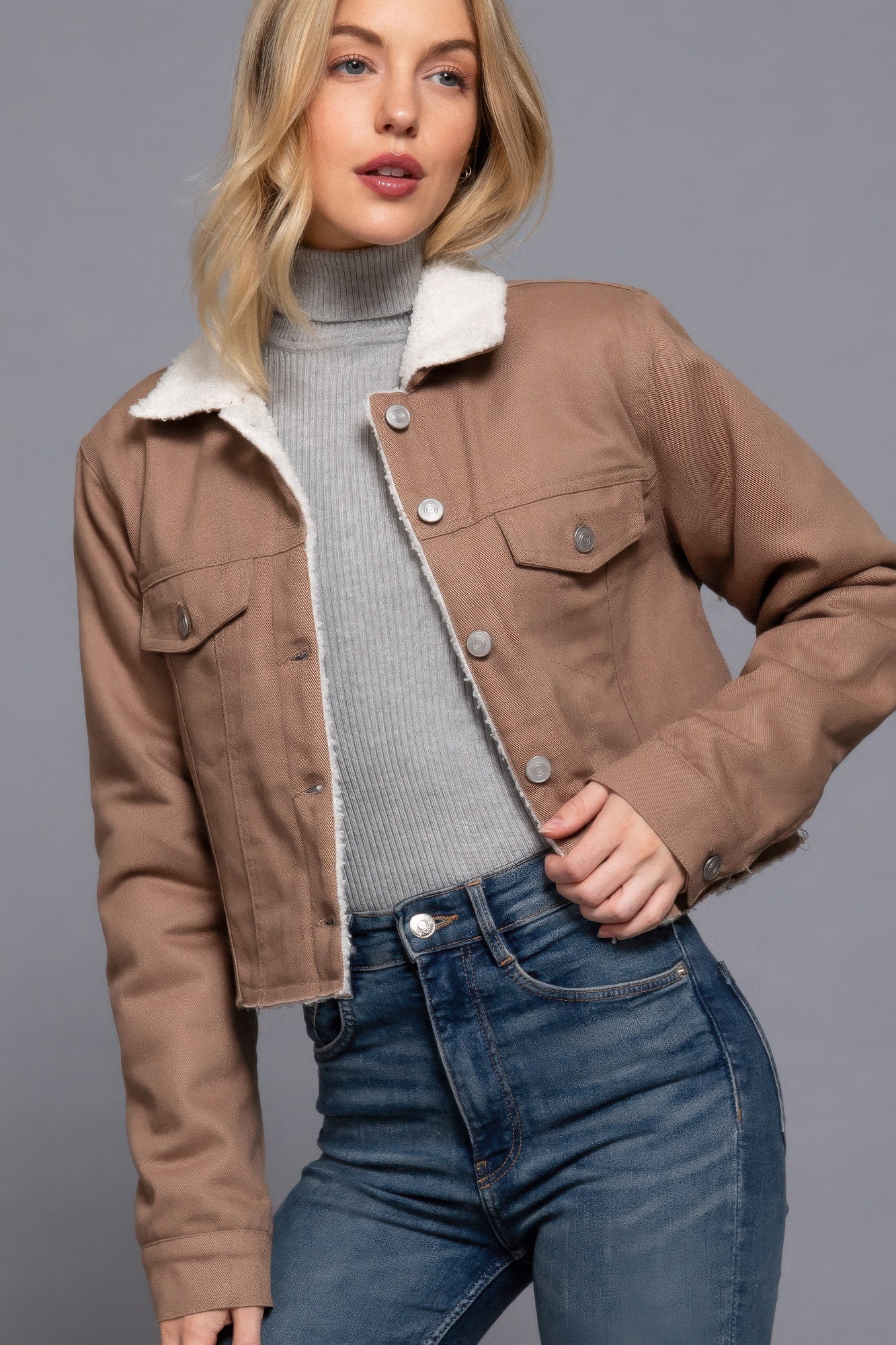 Cozy Button-Up Sherpa Twill Jacket