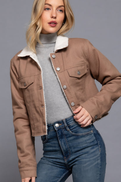 Cozy Button-Up Sherpa Twill Jacket