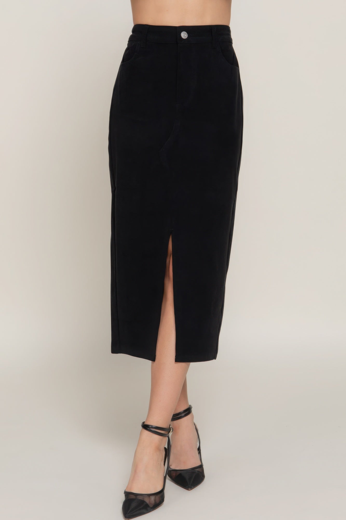 Front Slit Corduroy Midi Skirt