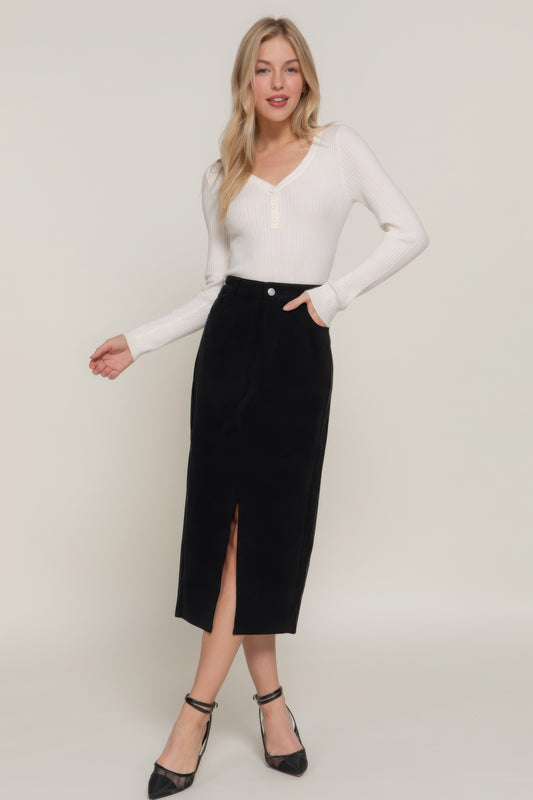 Front Slit Corduroy Midi Skirt