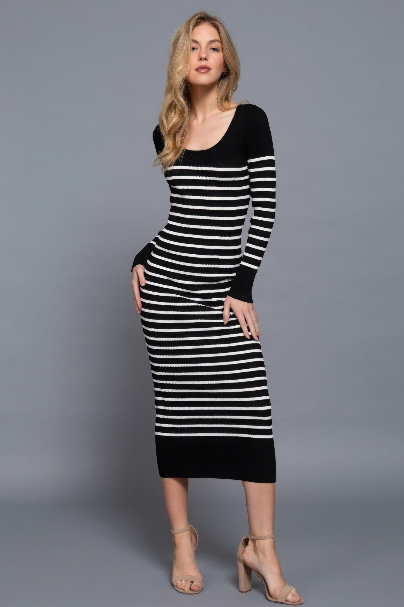 Cozy Long Sleeve Striped Sweater Maxi Dress