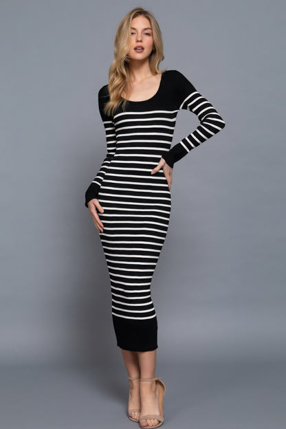 Cozy Long Sleeve Striped Sweater Maxi Dress