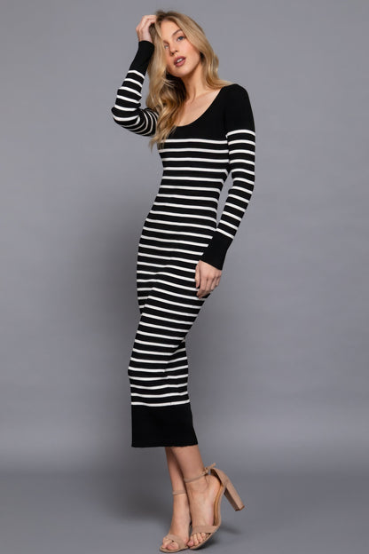 Cozy Long Sleeve Striped Sweater Maxi Dress