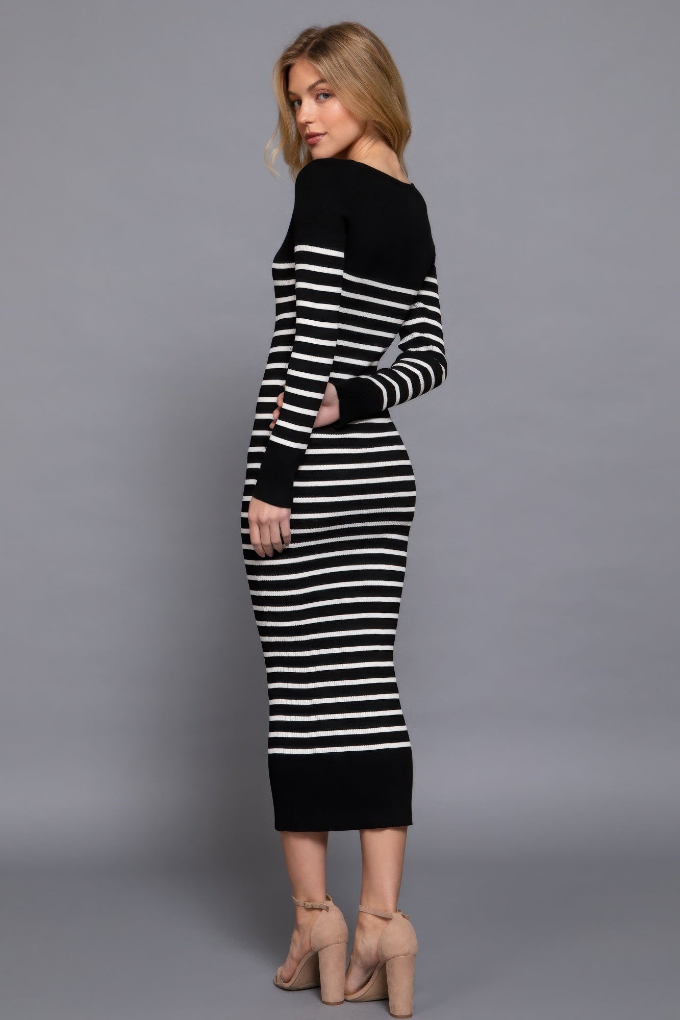 Cozy Long Sleeve Striped Sweater Maxi Dress