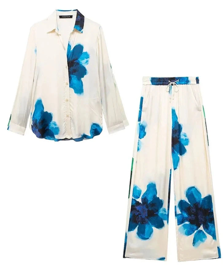 Women’s Print Suit: Turn-Down Collar Shirt & Wide Leg Pants