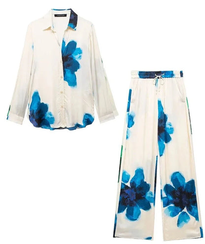 Women’s Print Suit: Turn-Down Collar Shirt & Wide Leg Pants