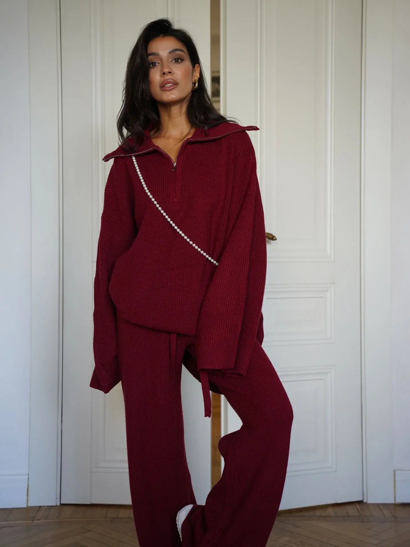 2-Piece Set with Zip Sweater and Straight-Leg Trousers