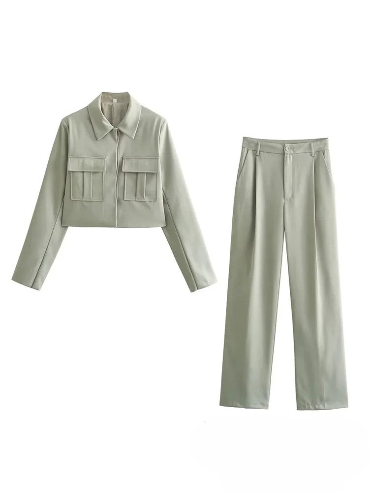 Vintage Casual Women's Suit - Turn-down Collar Jacket & Loose Pants Set