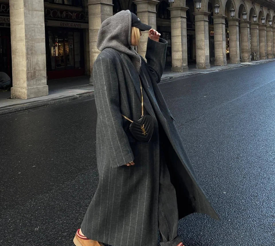 Stripe Long Coat - Double Breasted Tweed