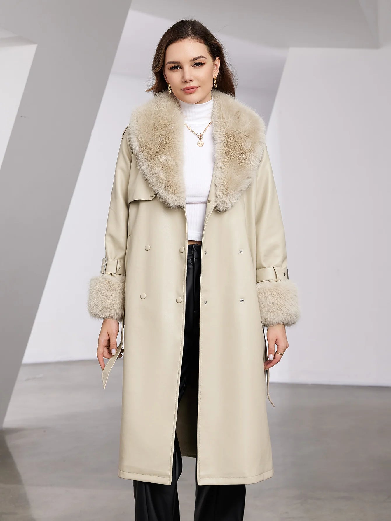 Faux Leather Trench Coat with Fur Collar – Luxurious Winter Style