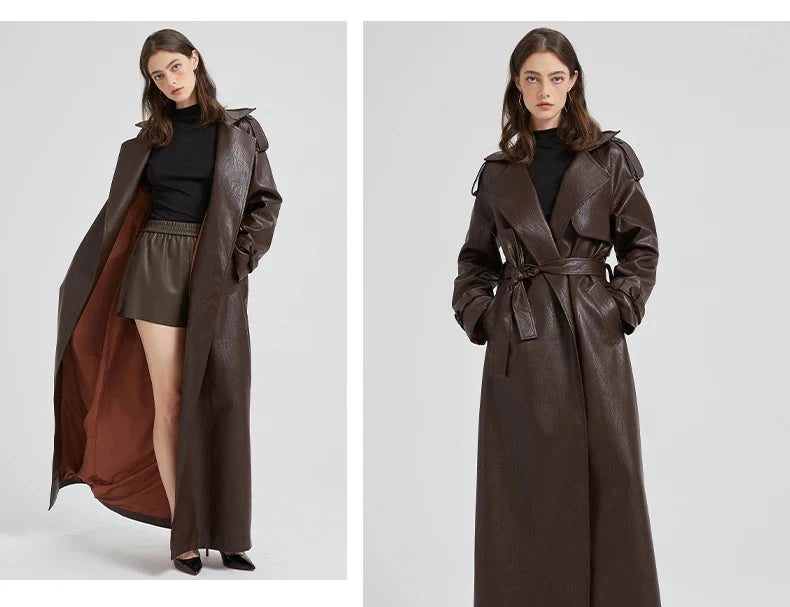 Autumn Extra-Long Brown Faux Leather Trench Coat with Belt