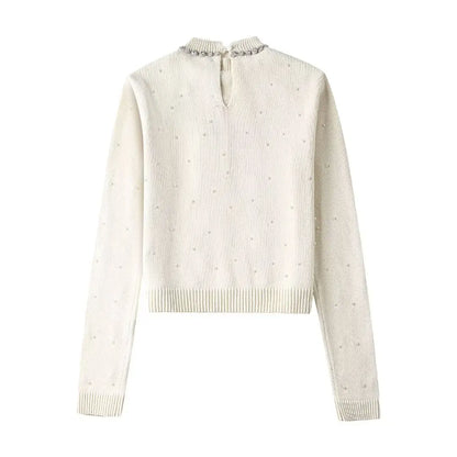 Women's Casual Solid Pearl-Decorated Slim Fit Crew Neck Sweater